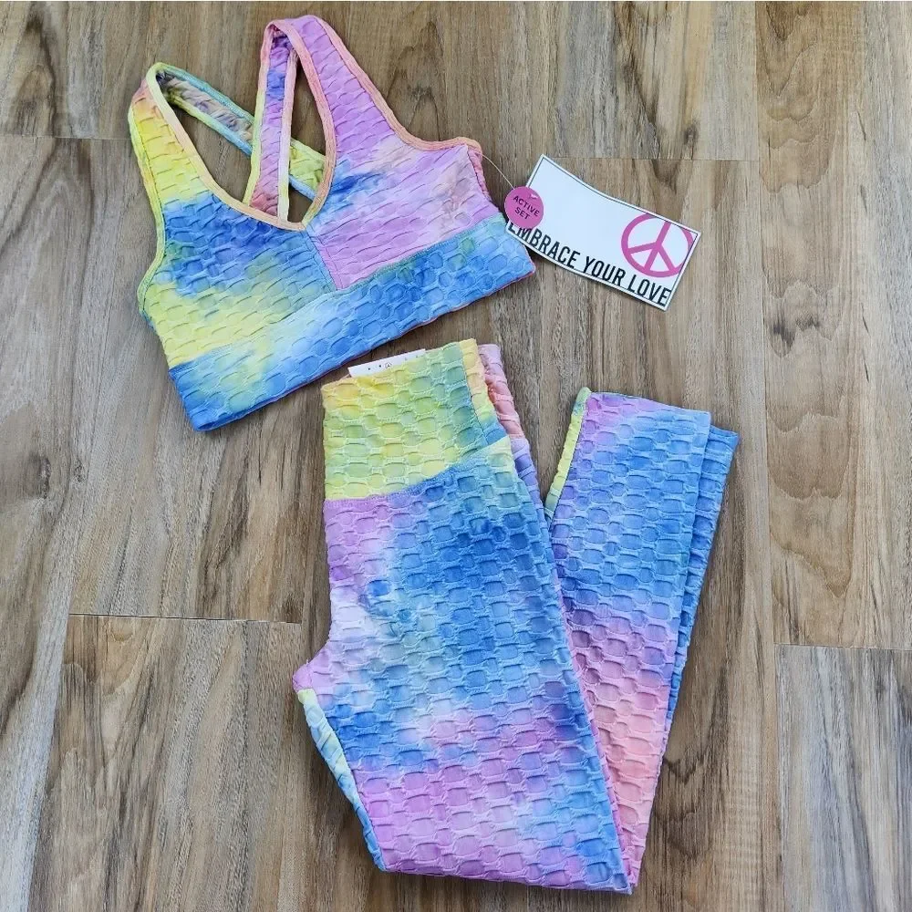 🔸️NWT Pastel Tie Dye Honeycomb Sports Bra & Pants Athletic Set Small